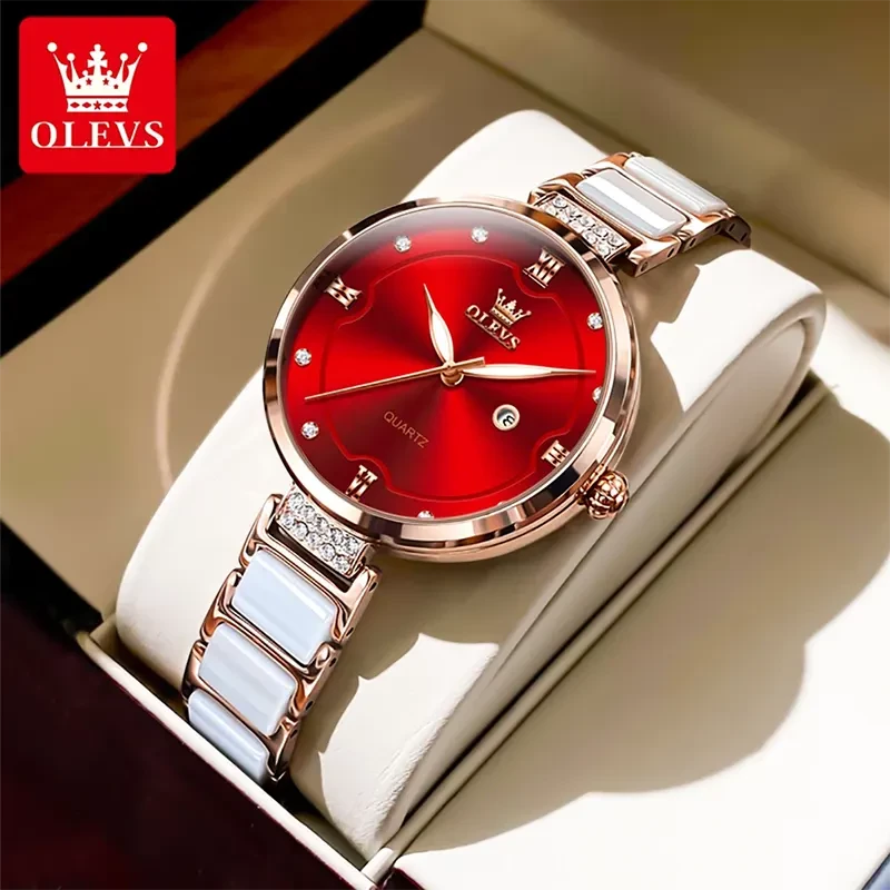 Olevs 5589 Red Dial White Ceramic Luxury Ladies Watch